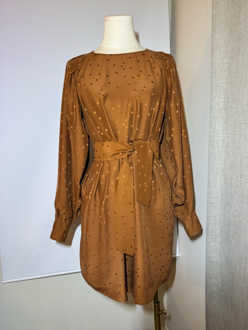 Sézane Silk Mini Dress Mustard Polka Dot Long Sleeve Size 38